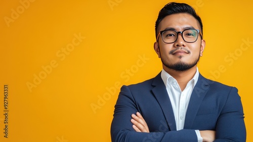 Confident businessman in a blue suit with his arms crossed standing on a yellow background.