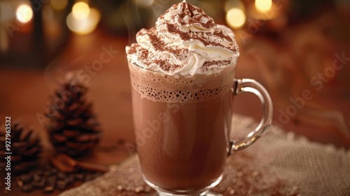 A hot chocolate drink topped with whipped cream and sprinkled with cocoa powder, creating a cozy, comforting scene.