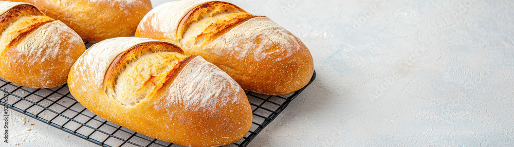Freshly baked bread cooling on a rack, Monday morning, homey and comforting Freshly baked bread cooling on a rack, Monday morning, homey and comforting