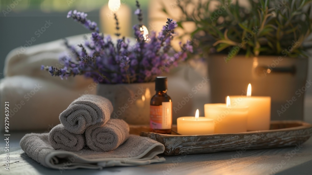A peaceful spa atmosphere with a tray of essential oils, fresh lavender, and soothing candles. A peaceful spa atmosphere with a tray of essential oils, fresh lavender, and soothing candles.