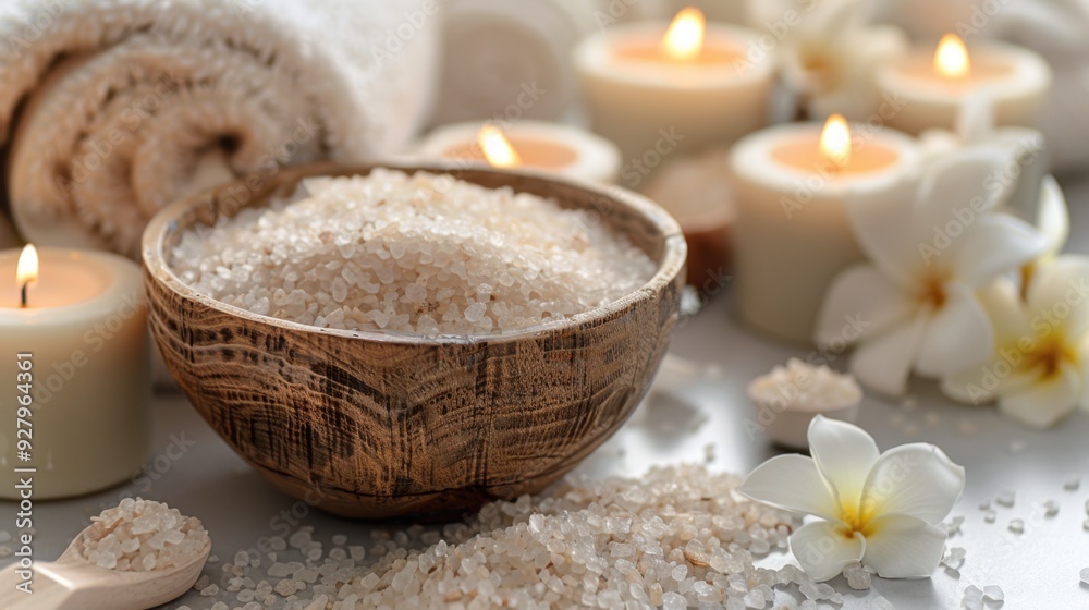 A peaceful spa environment with soft towels, a bowl of aromatic bath salts, and soothing candles.