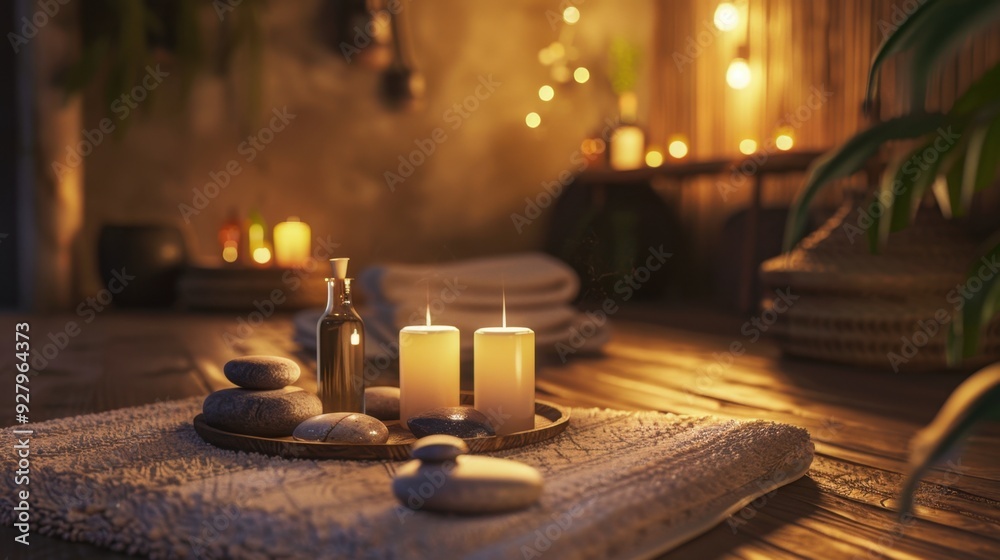 A peaceful spa scene featuring a candle-lit room with a tray of essential oils and massage stones. A peaceful spa scene featuring a candle-lit room with a tray of essential oils and massage stones.