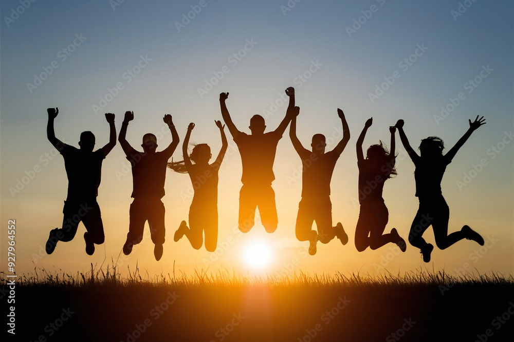 Fototapeta premium Silhouette, Group of Friends Jumping at Sunset - Unity, Freedom, and Joy