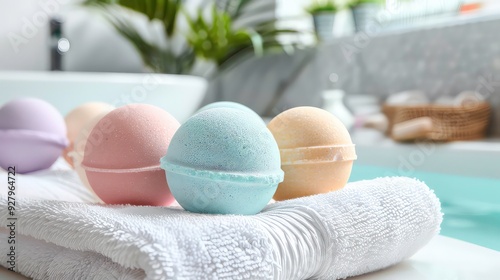 Three bath bombs in pastel colors, pink, blue and yellow, are on top of a white towel, there is a tub of water behind them.