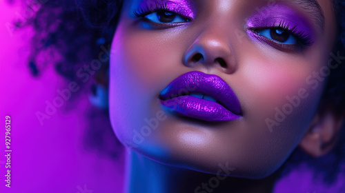 A woman with purple lips and a purple background