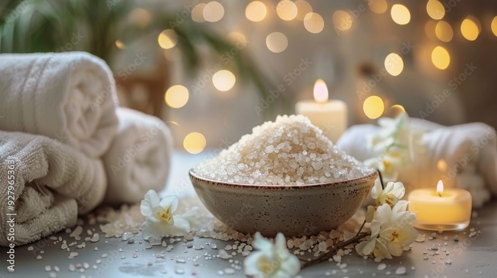 A serene spa scene with soft towels, a bowl of aromatic bath salts, and a lit candle. A serene spa scene with soft towels, a bowl of aromatic bath salts, and a lit candle.
