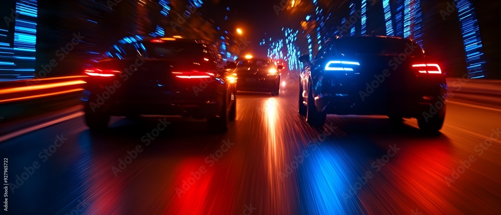 High-speed chase on the highway, American flag patterns on the cars, dynamic motion, cinematic action scene, deep contrast, cool blue tones, dramatic lighting High-speed chase on the highway, American flag patterns on the cars, dynamic motion, cinematic action scene, deep contrast, cool blue tones, dramatic lighting