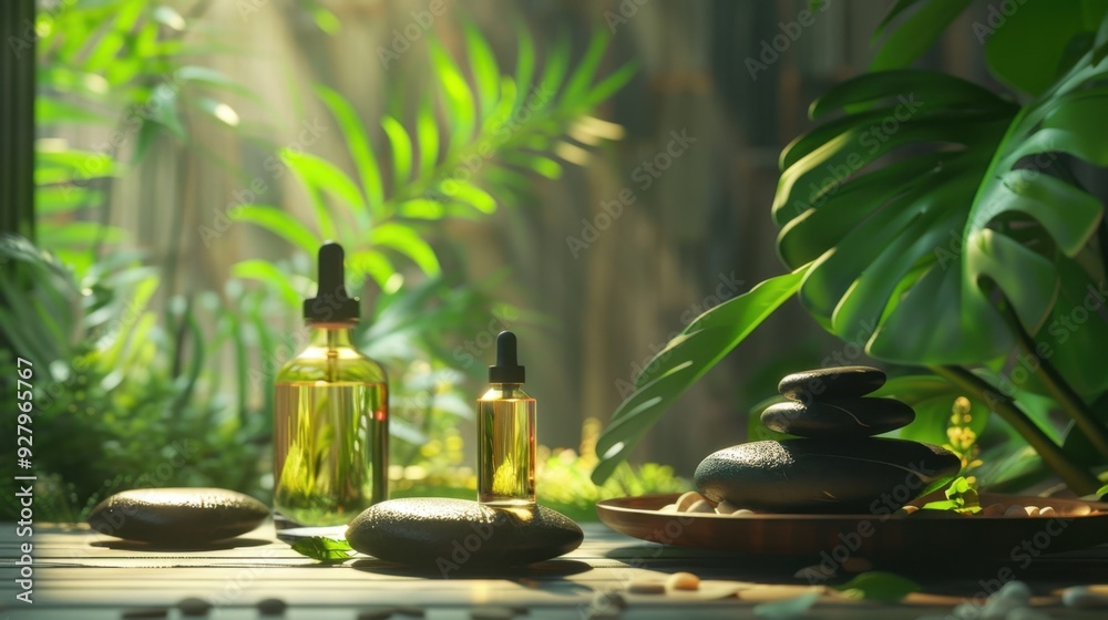 A spa scene featuring a serene setup of essential oils, aromatic herbs, and smooth stones. A spa scene featuring a serene setup of essential oils, aromatic herbs, and smooth stones.
