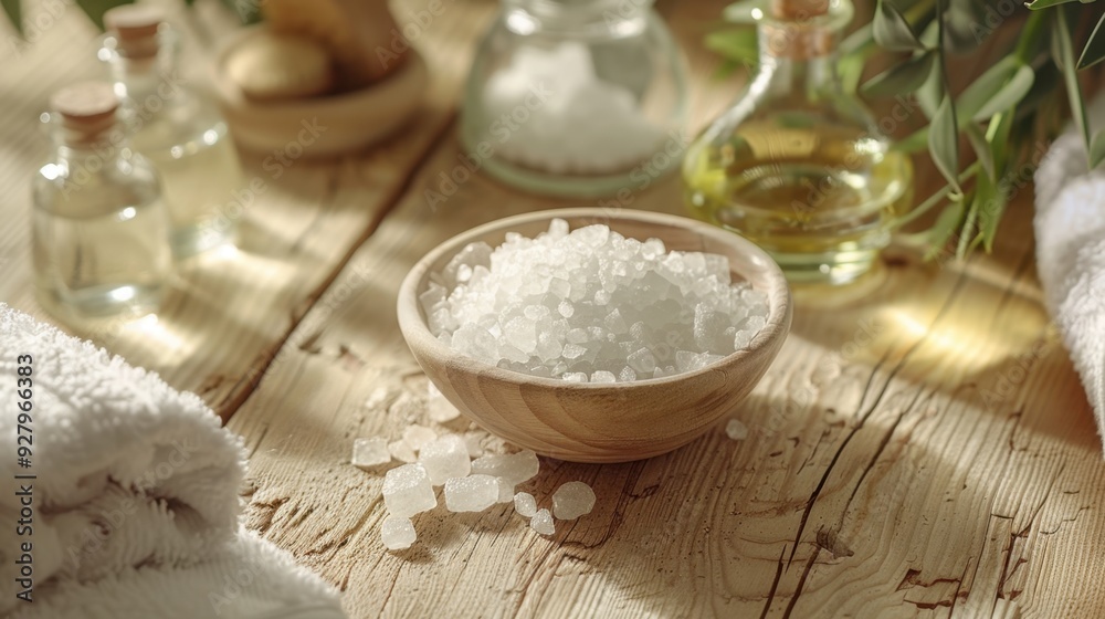 A tranquil spa scene with soft towels, a bowl of aromatic bath salts, and soothing oils on a wooden surface. A tranquil spa scene with soft towels, a bowl of aromatic bath salts, and soothing oils on a wooden surface.