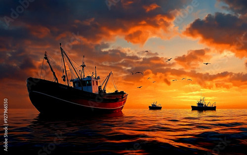 A stunning sunset over the ocean with fishing boats silhouetted against vibrant skies, creating a serene maritime scene. photo