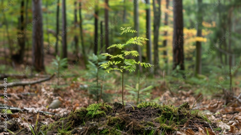 A young tree growing in a forest, symbolizing the renewal of life and the cycle of nature. A young tree growing in a forest, symbolizing the renewal of life and the cycle of nature.