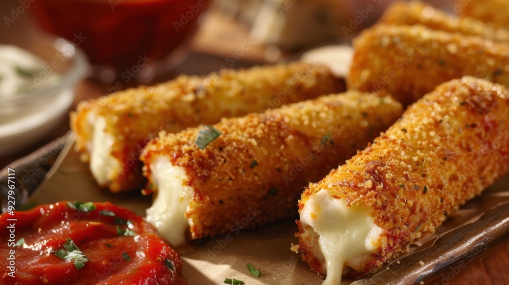 Fototapeta premium Fried mozzarella sticks with melted cheese oozing out, accompanied by marinara sauce.