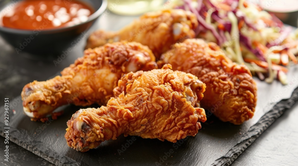 Golden fried chicken drumsticks with a side of coleslaw and dipping sauce. Golden fried chicken drumsticks with a side of coleslaw and dipping sauce.