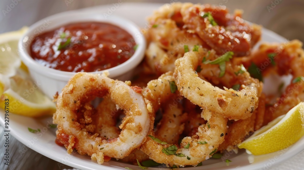 Golden-brown fried calamari rings with a side of marinara sauce and lemon slices. Golden-brown fried calamari rings with a side of marinara sauce and lemon slices.