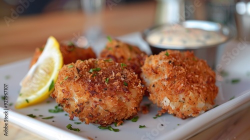 Fried crab cakes served with a lemon wedge and remoulade sauce on a white plate. photo