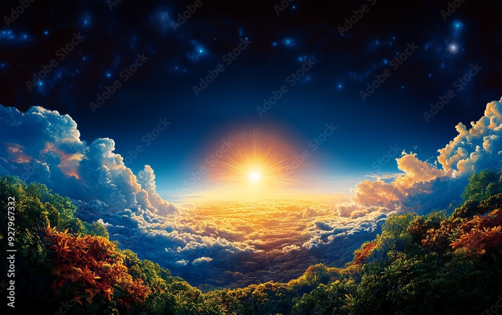 A breathtaking sunrise above clouds, showcasing vibrant colors and natural beauty, ideal for inspiration and tranquility.