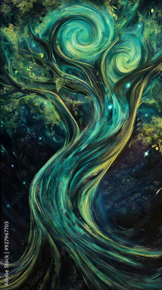 Obraz premium Abstract tree blue and green water wave swirl pattern design with light and dark texture for wallpaper