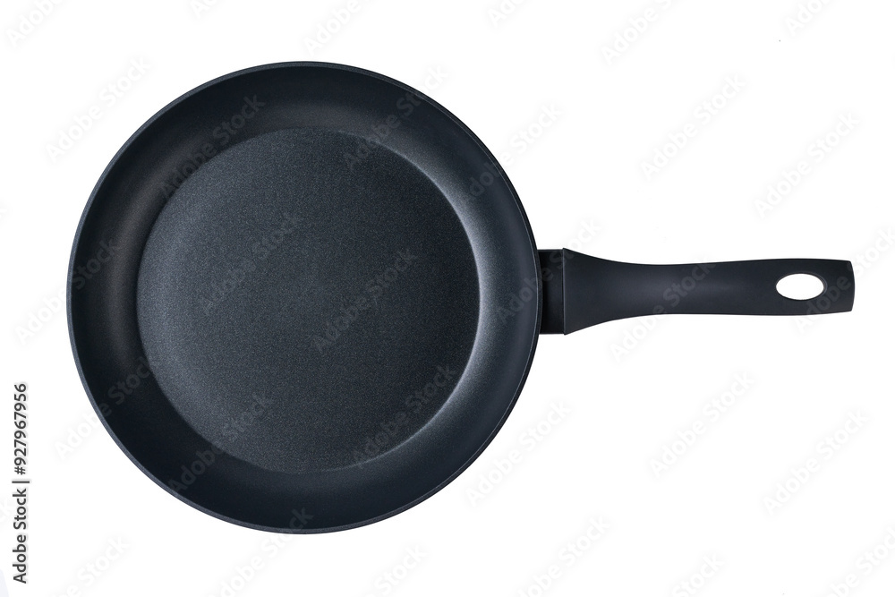 black frying pan with a non-stick coating isolated on white background. full depth of field. Top view. black frying pan with a non-stick coating isolated on white background. full depth of field. Top view.