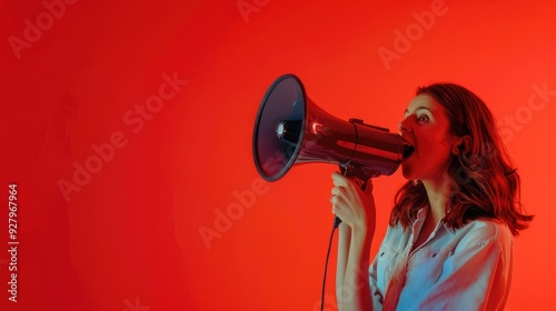 A young woman speaks enthusiastically into a megaphone against a bright red background during a rally.