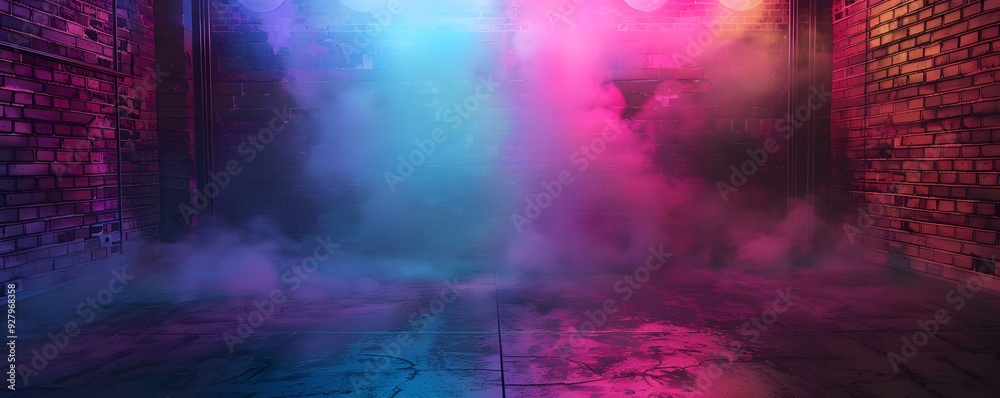 Fototapeta premium Glowing Neon Lights Illuminating a Brick Wall and Concrete Floor