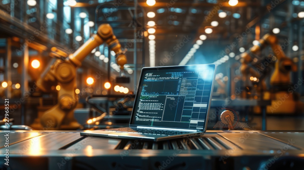 Laptop in modern industrial factory Laptop in modern industrial factory