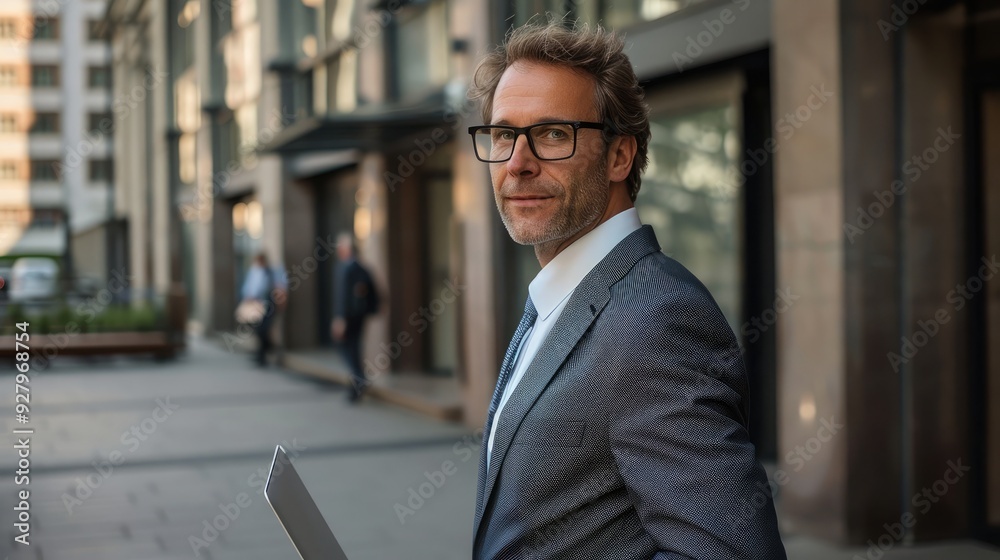 Mature businessman standing on city street In front of the office building Handsome bespectacled father in suit holding laptop Mature businessman standing on city street In front of the office building Handsome bespectacled father in suit holding laptop