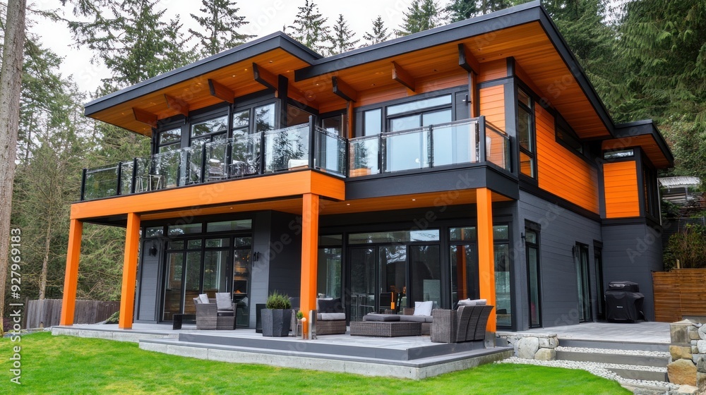Modern house with an orange facade, large windows, and a patio with furniture, surrounded by trees. Modern house with an orange facade, large windows, and a patio with furniture, surrounded by trees.