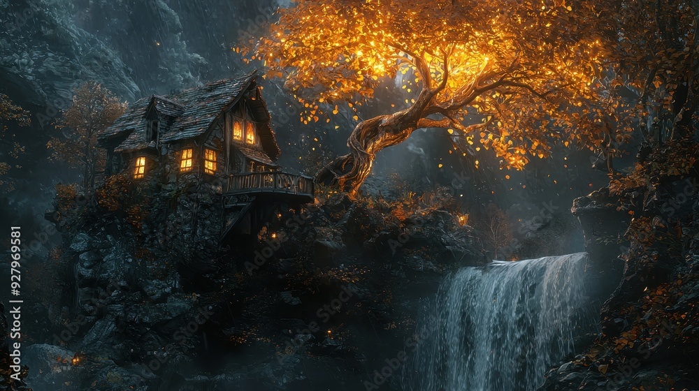 Fototapeta premium Mystical Cottage by the Waterfall.