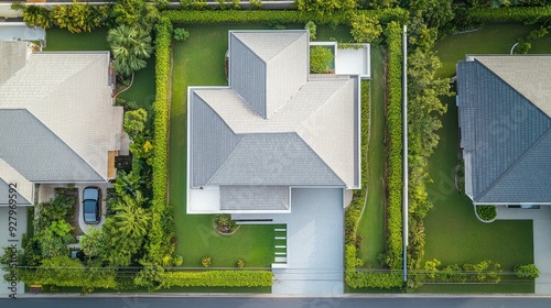 Aerial view of a modern home with a lush green lawn and a driveway.