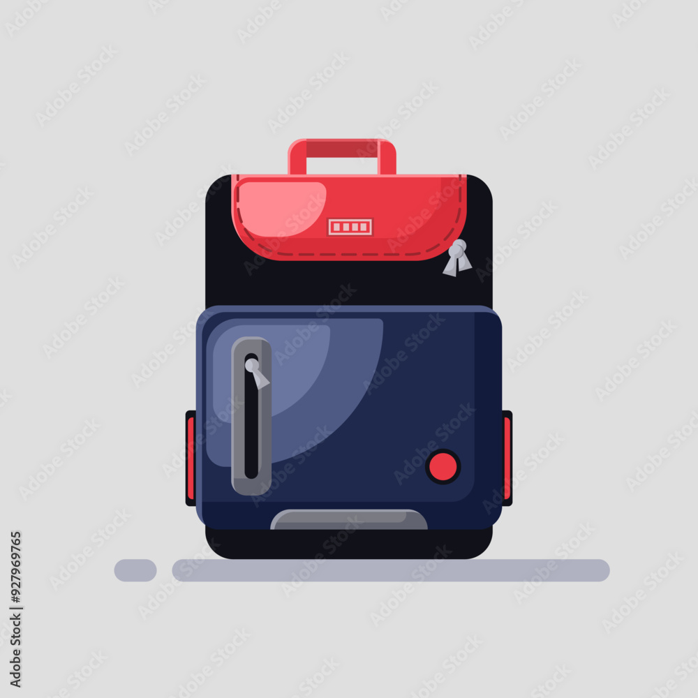 Flat illustration back to school bag, blue school bag with red ornament Flat illustration back to school bag, blue school bag with red ornament