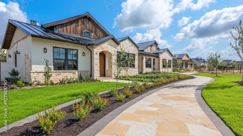 A row of modern farmhouse style homes with a stone walkway leading to a grassy lawn.