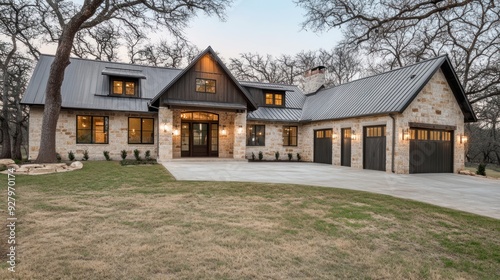 A modern farmhouse with stone exterior, metal roof, and a large driveway.