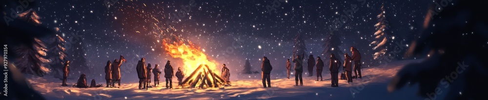 Winter Solstice Enchantment: anime-style Illustration of a Snowy Bonfire Gathering, Sharing Stories and Warmth on the Longest Night of the Year,Anime-Style,illustration,Picture BooksFor Poster,Novel,U Winter Solstice Enchantment: anime-style Illustration of a Snowy Bonfire Gathering, Sharing Stories and Warmth on the Longest Night of the Year,Anime-Style,illustration,Picture BooksFor Poster,Novel,U