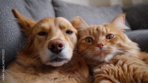 A dog and a cat happily taking a selfie together, capturing the essence of friendship, travel, and pet companionship.