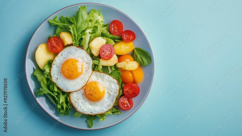 Fried eggs with vegetables on a plate. A bright healthy breakfast Fried eggs with vegetables on a plate. A bright healthy breakfast