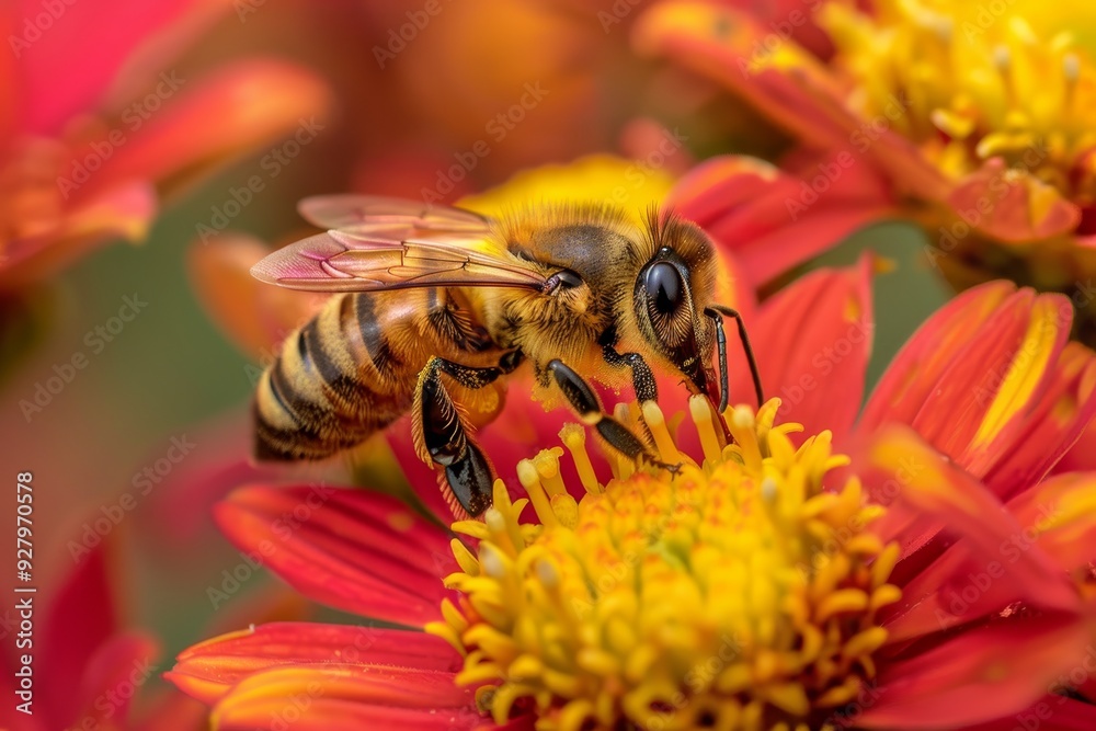 Close up view of a honey bee pollinating on colorful and vibrant flowers in a macro shot Close up view of a honey bee pollinating on colorful and vibrant flowers in a macro shot