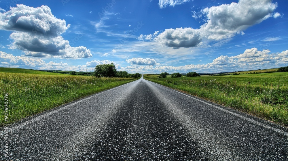 Empty Road Leading to Horizon Under Blue Sky with Clouds. Empty Road Leading to Horizon Under Blue Sky with Clouds.