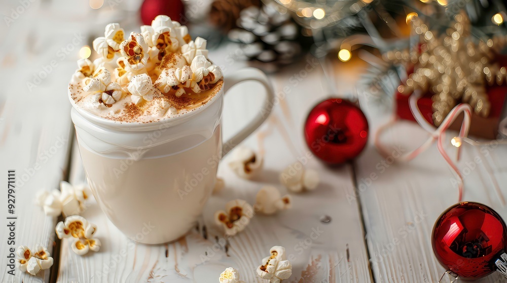 A mug of hot cocoa topped with whipped cream and popcorn, resting on a white wooden surface with scattered popcorn, christmas ornaments, and a pine branch. A mug of hot cocoa topped with whipped cream and popcorn, resting on a white wooden surface with scattered popcorn, christmas ornaments, and a pine branch.