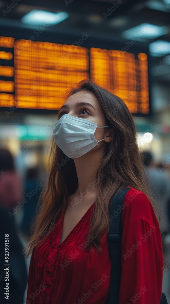 Young woman at airport wearing a mask and checking flight information Young woman at airport wearing a mask and checking flight information