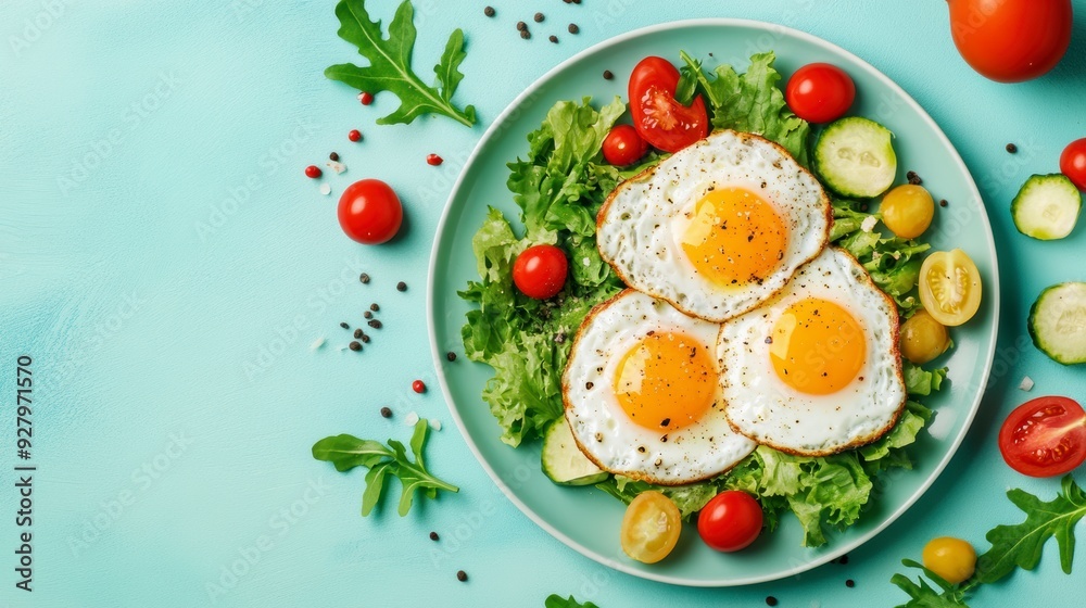 Fried eggs with vegetables on a plate. A bright healthy breakfast Fried eggs with vegetables on a plate. A bright healthy breakfast