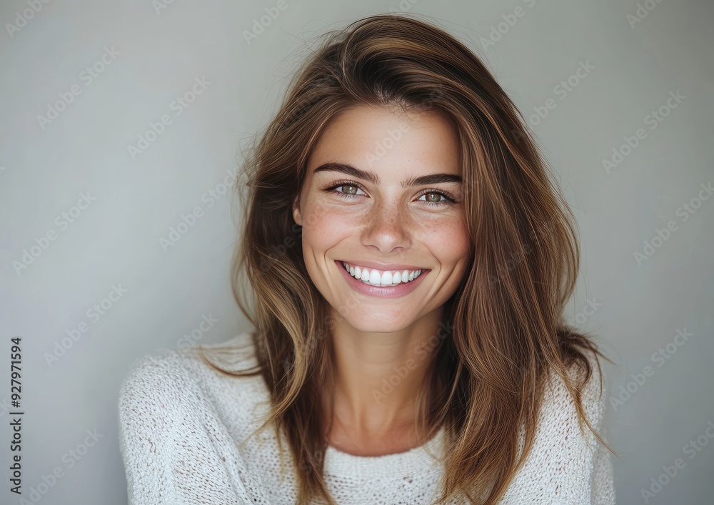 A woman with radiant smile and natural beauty showcases effortless charm against a soft, neutral background A woman with radiant smile and natural beauty showcases effortless charm against a soft, neutral background
