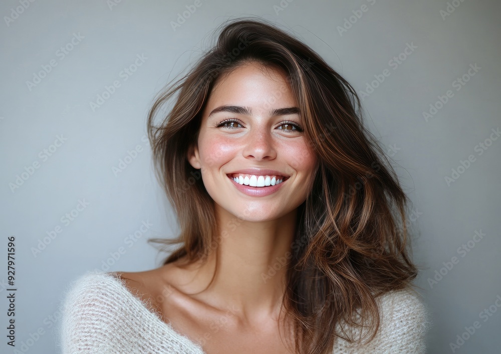 A radiant young woman smiles warmly against a soft gray backdrop, showcasing natural beauty and effortless charm during an intimate portrait session A radiant young woman smiles warmly against a soft gray backdrop, showcasing natural beauty and effortless charm during an intimate portrait session