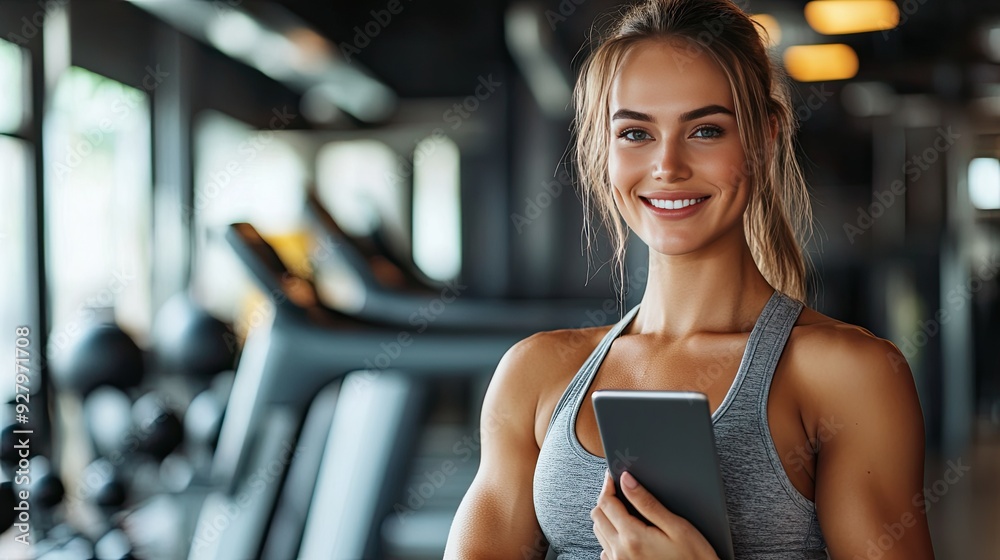 Smiling woman in gym holds tablet. Perfect for fitness, health, and wellness concepts. Smiling woman in gym holds tablet. Perfect for fitness, health, and wellness concepts.