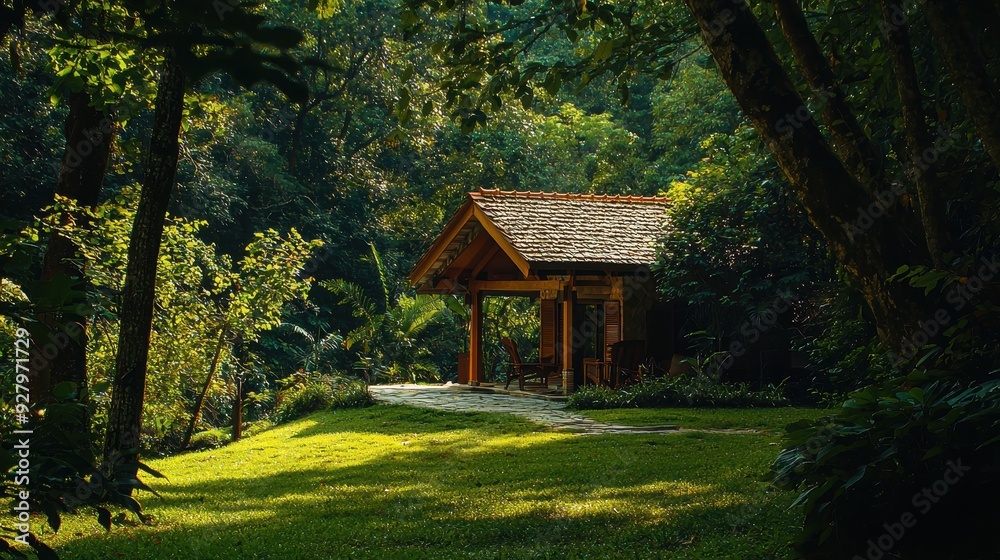 Wooden Cabin in the Lush Forest. Wooden Cabin in the Lush Forest.