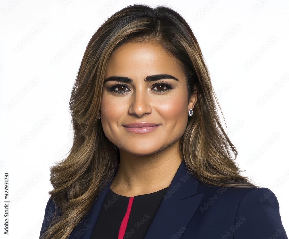 Confident professional in a tailored navy suit with soft waves, showcasing a warm smile in a bright studio setting