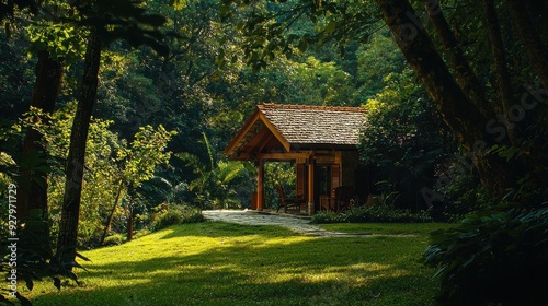 Wooden Cabin in the Lush Forest.