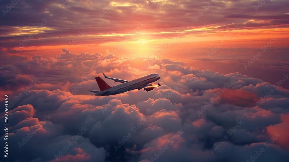 Plane flying in the sky at sunset. Passengers and tourists go travelling on vacation