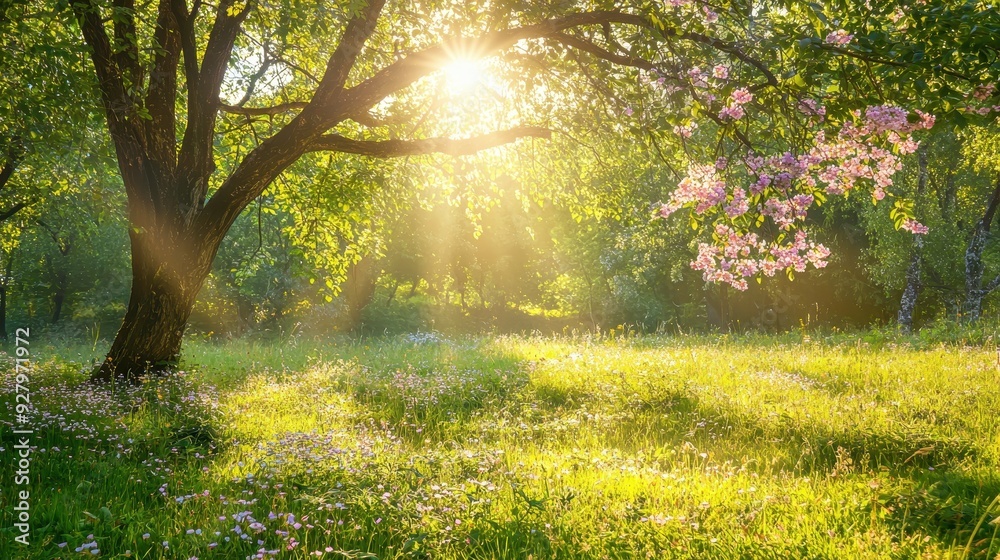 Obraz premium Sunbeams through trees in a meadow.