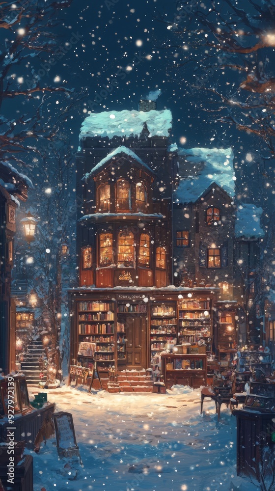 Obraz premium Anime-Style Enchanted Winter Solstice Fairy Tale Bookstore: A Cozy Haven Filled with Magical Stories for the Festive Season, Perfect for Gaming Art and Storybook Illustrations in 4K Christmas 