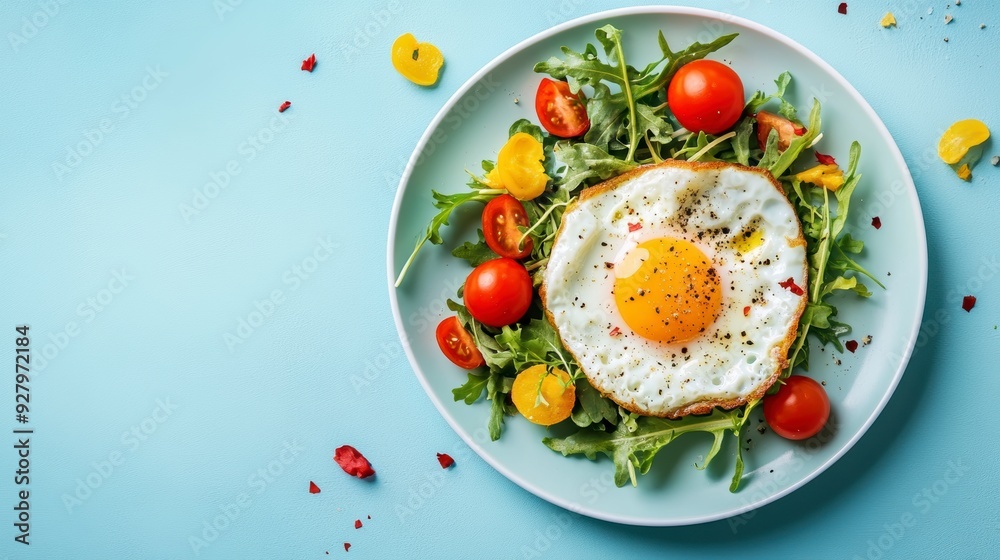 Fried eggs with vegetables on a plate. A bright healthy breakfast Fried eggs with vegetables on a plate. A bright healthy breakfast